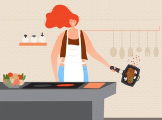 Cook meat vector illustration. Cartoon happy woman character in apron cooking, grilling meat steak in home kitchen room interior, holding frying pan with cooked dish in hands, cookery hobby background