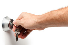Man's Arm Locking Unlocking Opening Closing Household Deadbolt Lock With Keys Isolated On White Background