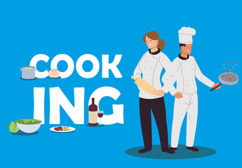 Poster - couple of chefs cooking at home