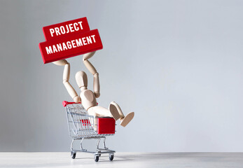 Poster - wooden man hold a wooden block with word project management, concept