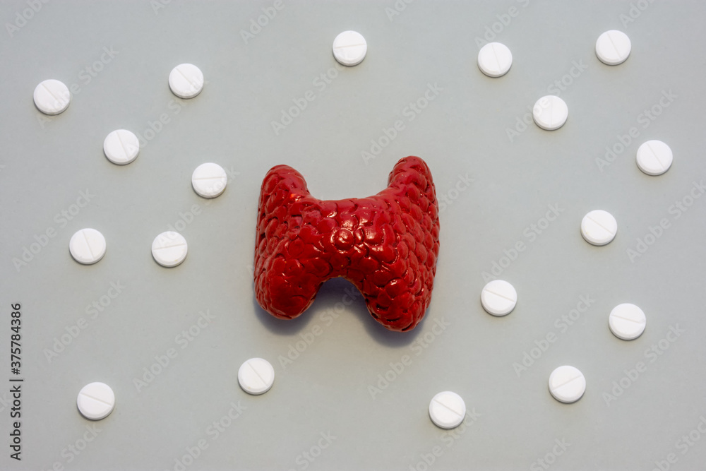 Model or figure of thyroid gland, which corresponds to anatomical original, is located in grey background surrounded by white pills ornamented in polka dots. Photo for use in endocrinology, hormones