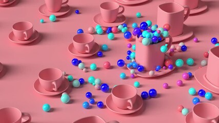 Poster - 3d render abstract background with cups. Colorful spheres pop out of empty pink cup. Fun and positive background.