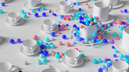 Poster - 3d render abstract background with cups. Colorful spheres pop out of empty cup. Fun and positive background.