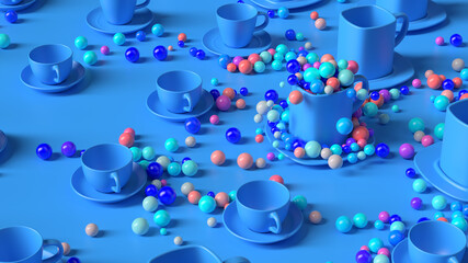 Poster - 3d render abstract background with cups. Colorful spheres pop out of empty cup. Fun and positive background.