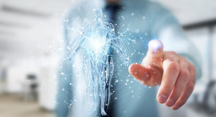 Poster - Man using digital x-ray human body holographic scan projection 3D rendering