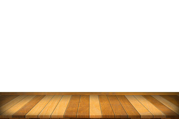 Wood table top isolated on white background. Used for product placement or montage.