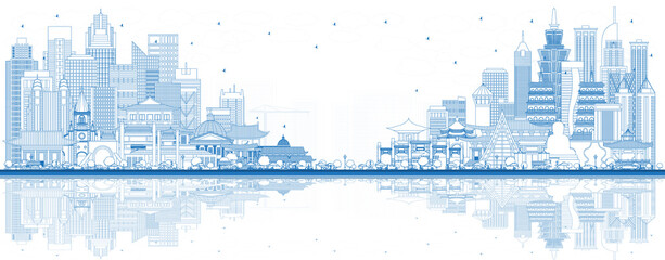 Fototapete - Outline Welcome to Taiwan City Skyline with Blue Buildings and Reflections.