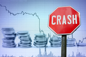 Crash sign on economy background - graph and coins. Financial crash in world economy because of coronavirus. Global economic crisis, recession.