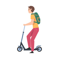 Sticker - Young Man Riding Kick Scooter, Active Healthy Lifestyle, Eco Friendly Transport Concept Cartoon Style Vector Illustration