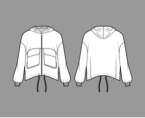Wall Mural - Zip-up hooded paneled track jacket technical fashion illustration with utility flap pockets, oversized, long sleeves, drawcord hem. Flat coat template front, back white color. Women men unisex top CAD