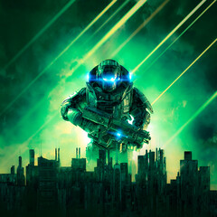 Sticker - Cyberpunk soldier city under siege / 3D illustration of science fiction military robot warrior rising above futuristic dystopian skyline