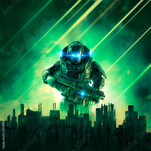 Fototapeta Cyberpunk soldier city under siege / 3D illustration of science fiction military