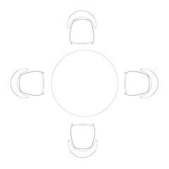 Outline chairs stand around the table. View from above. Vector illustration