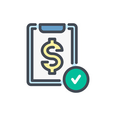 Poster - Clipboard with Dollar and Check Mark color line icon. Financial Report with Tick vector outline colorful sign.
