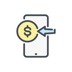 Poster - mobile phone with dollar coin and arrow color line icon. receive money vector outline colorful sign.