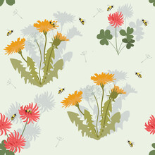 Seamless Vector Illustration With Flowers Of Dandelion, Clover And Bees.