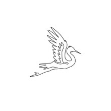 One Continuous Line Drawing Of Cute Flying Heron For Company Logo Identity. Coastal Bird Mascot Concept For National Park Icon. Modern Single Line Draw Graphic Design Vector Illustration
