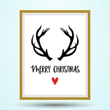 Merry Christmas - Calligraphy Phrase For Xmas With Reindeer Antlers And Red Nose. Lettering For Xmas Greetings Cards. Good For T-shirt, Mug, Gift, Printing Press. Holiday Quotes With Picture Frame.