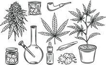 Marijuana Outline Icons Vector Set, Hemp Leaves And Seeds, Cannabis Bud. Smoking Cannabis Pipe, Cigarette, Buds Indica Marijuana, Joint, Glass Jar, Tobacco And Plastic Bag.
