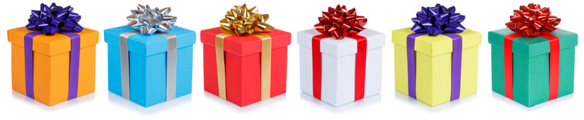 Christmas gifts birthday presents in a row gift boxes isolated on white