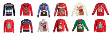 Set Of Warm Christmas Sweaters On White Background. Banner Design