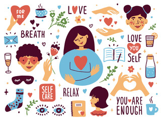 Vector set of self care icons. Love, relax, me time, slow life concept. Cute girl or woman hugging herself. Sticker collection with heart shape and lettering elements. Female body health illustration