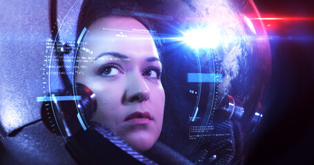 Wall Mural - close up vfx shot of the young beautiful female astronaut in space helmet. she is exploring outer sp