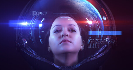 Wall Mural - portrait shot of the young smiling female astronaut in space helmet. she is exploring outer space in