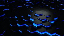 3D Futursitics Rendering Blue And Black Abstract Honeycomb Hexagon Random Surface Level Background With Lighting And Shadow. Tilt Angle