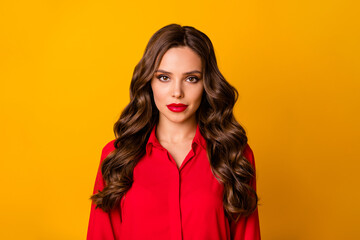 Wall Mural - Closeup photo of pretty stunning curly business lady bright lipstick serious bossy person wear office luxury red shirt isolated yellow vivid color background