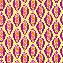 Seamless Pattern With Abstract Geometric Ornamental Purple Oval Shapes On Yellow