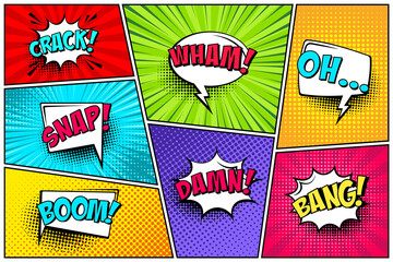 Cartoon comic backgrounds set. Speech bubble. Comics book colorful poster with halftone elements and text. Vector illustration.