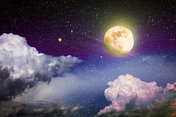 full moon with stars at dark night sky .