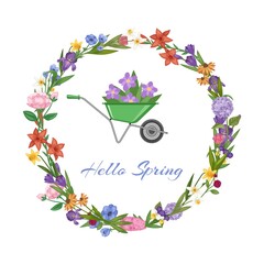 Wall Mural - Hello spring lettering and wreath banner, bright floral design, colorful ornament, cartoon vector illustration, isolated on white. Holiday invitation, greeting card, layout for printing in typography.