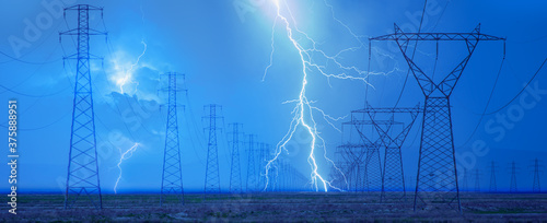 Fotomural High voltage power line with amazing lightning