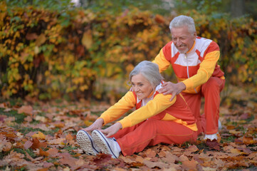 Poster - Fit senior couple exercising in autumn park