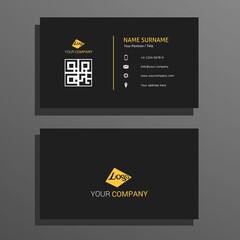 Vector graphics of business card with QR code in modern style in black, yellow and white. Perfect to use for your company