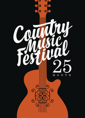 Wall Mural - Poster for a country music festival with a brown guitar and white calligraphic inscription on the black background in retro style. Vector flyer, banner, invitation, playbill