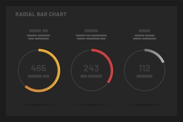 Poster - Radial Bar Chart. Elements of infographics on a dark background. Use in presentation templates, mobile app and corporate report. Dashboard UI and UX Kit.