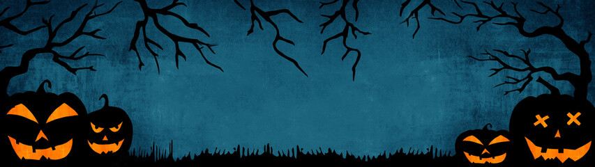 HALLOWEEN background banner wide panoramic panorama template -Silhouette of scary carved luminous cartoon pumpkins and trees isolated on dark blue texture