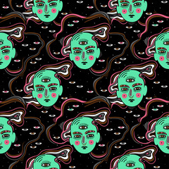 Wall Mural - Modern psychedelic fashion seamless pattern with beautiful mystery person with third eye.