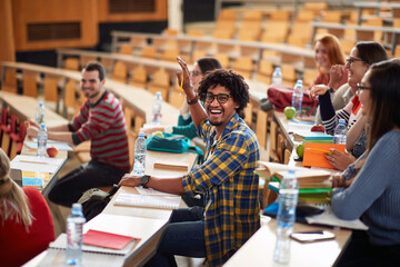 Wall Mural - Male student with raised hand in amphitheater