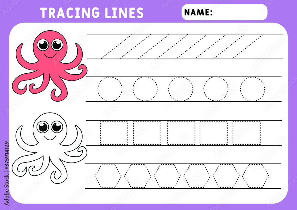 Trace line worksheet for kids. Basic writing. Working pages for
