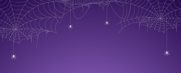 Halloween spider web banner with spiders, cobweb background