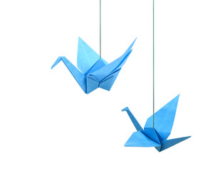 Wall Mural - Origami paper cranes haning isolated white