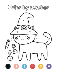 Wall Mural - Color by numbers for preschool children. Cute Halloween cat with witch hat and potions. Kawaii cartoon character. Educational worksheet.