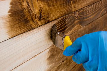 closeup painting a wooden surface with a brush