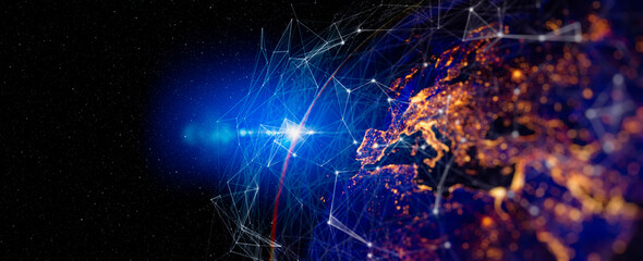 Poster - Photo of Communication technology for internet business. Global world network and telecommunication on earth and IoT. Elements of this image furnished by NASA
