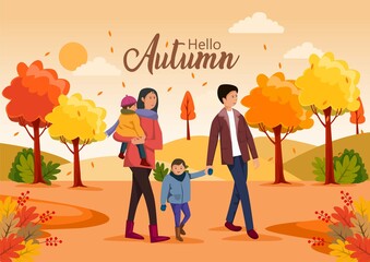 cute happy family walking on nature. Hello Autumn Vector illustration with beautiful sensory 