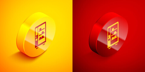 Poster - Isometric Vending machine of food and beverage automatic selling icon isolated on orange and red background. Circle button. Vector.